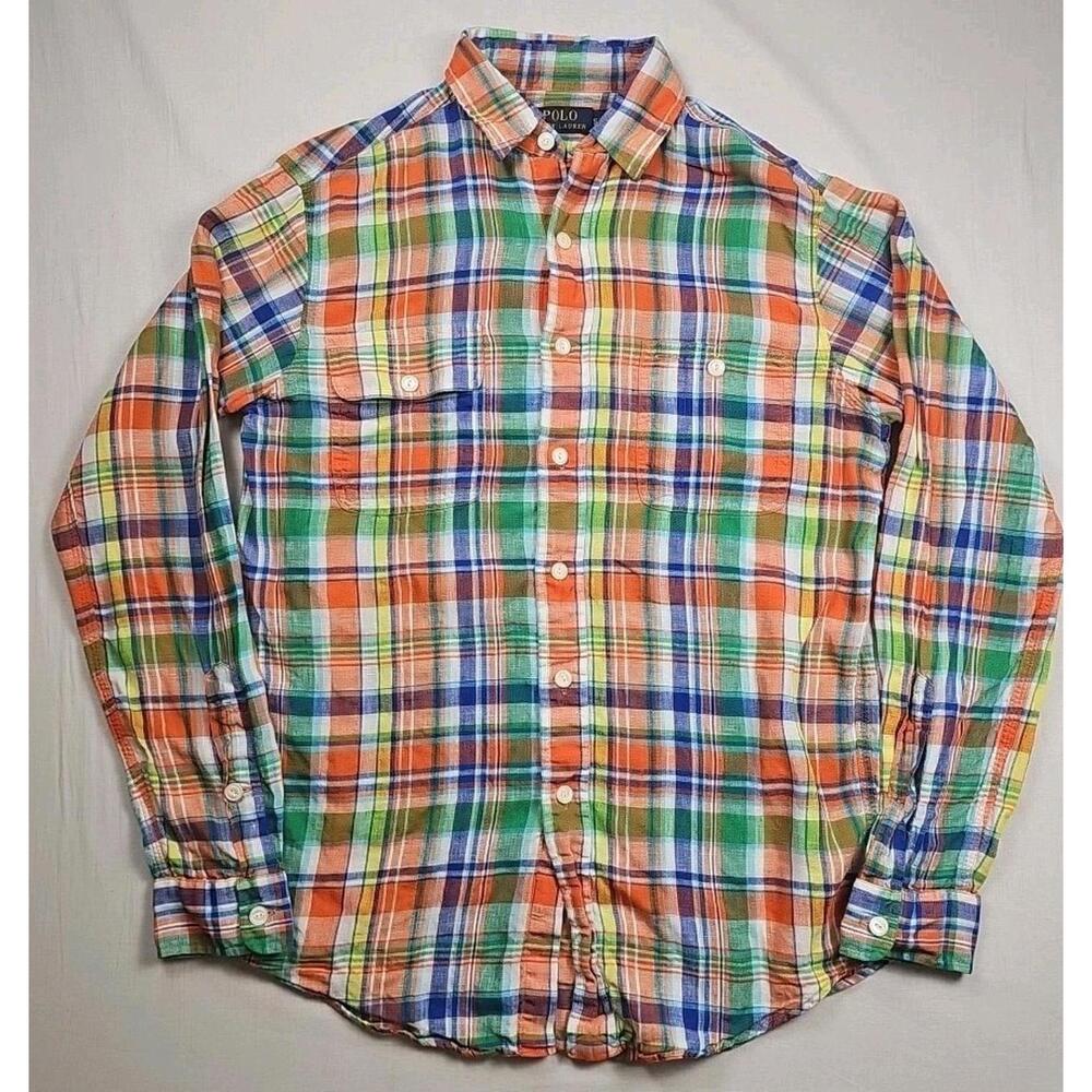 Polo Ralph Lauren Shirt Mens Small Plaid Linen Button Up Long Sleeve Multicolor